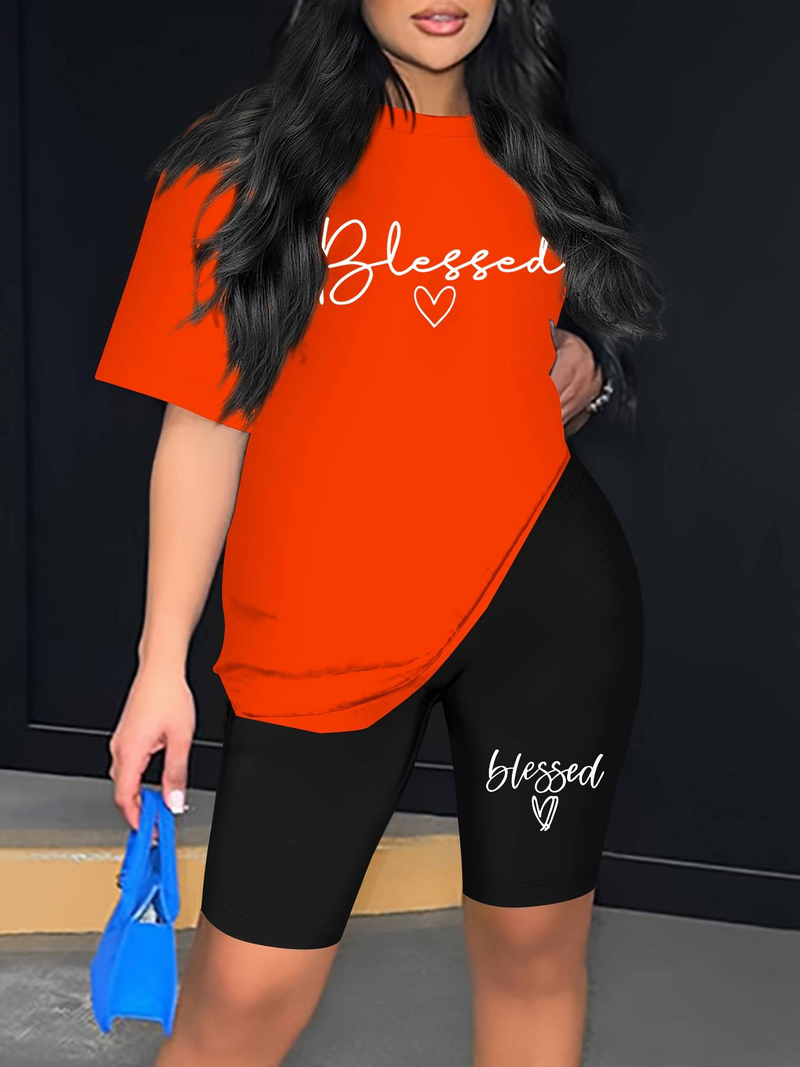 Women’s 2 Piece Outfit Set – Oversized Graphic T-Shirt And Biker Shorts Matching Set, Casual Summer Lounge Tracksuit For Daily Wear_voghion.com