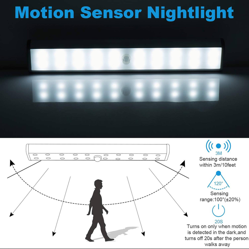 Lampe de placard à détecteur de mouvement 7,48 pouces, 20 LED blanc froid, rechargeable sans fil (lot de 2)_voghion.com