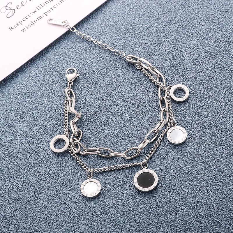 Minimalist Women's Titanium Steel Bracelet - Double-Layer Design With Black&White Shell & Roman Numerals, Handcrafted New Arrival Jewelry For Daily/Pa_voghion.com