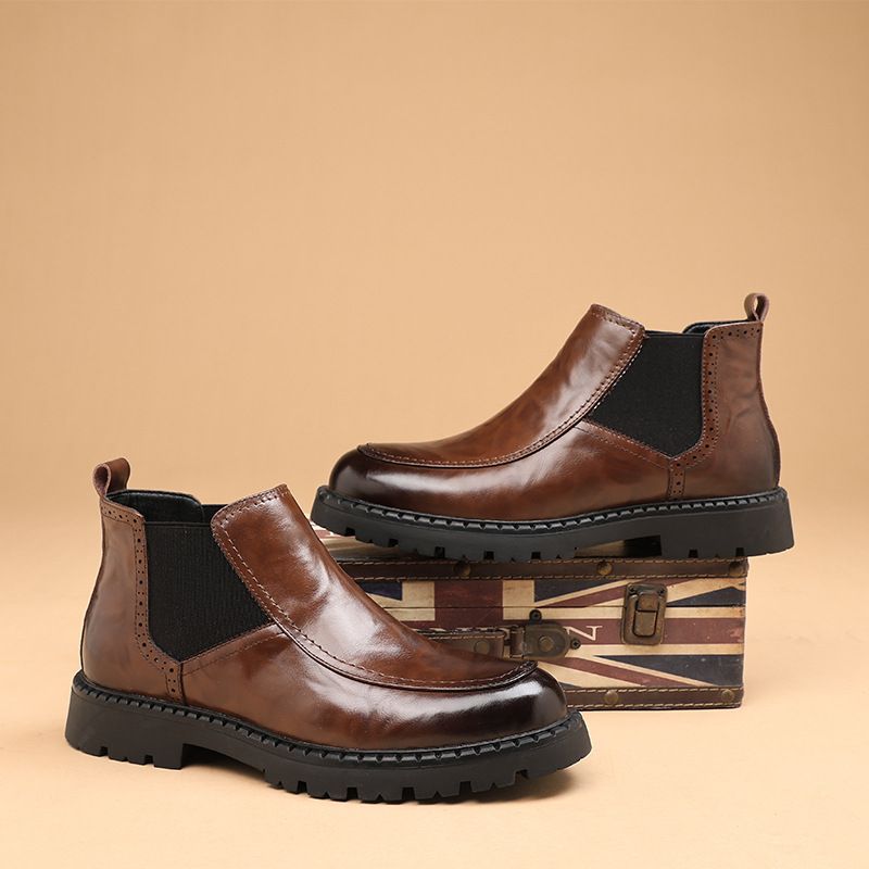 Martin Boots Herren Ärmel Chelsea Braun Herrenstiefel Mid-Wind Casual Lederstiefel_voghion.com