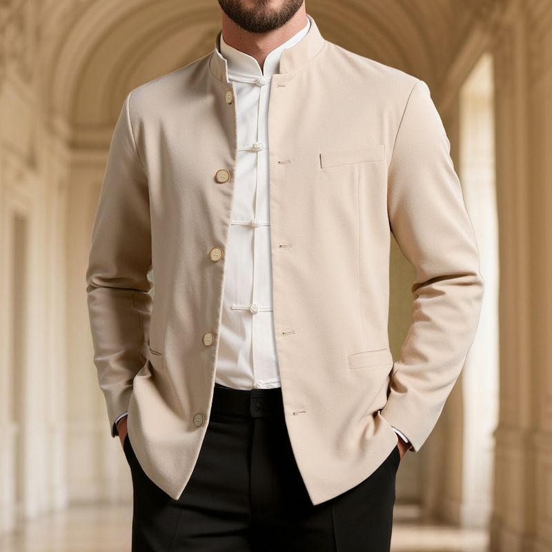 Blazer da uomo slim fit con collo alla coreana - Giacca casual in misto lino traspirante per tutti i giorni (blu navy, azzurro, kaki, verde)_voghion.com