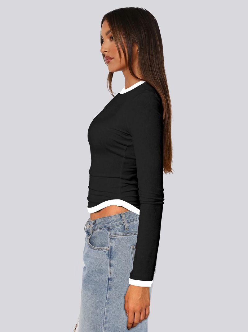 Blusa feminina primavera verão 2025, manga comprida, gola redonda, slim fit, bloco de cores_voghion.com