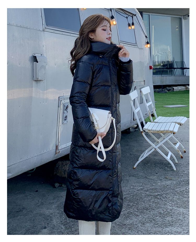 Doudoune mi-longue brillante pour femme – Manteau d'hiver noir chaud jusqu'au genou (M-4XL)_voghion.com