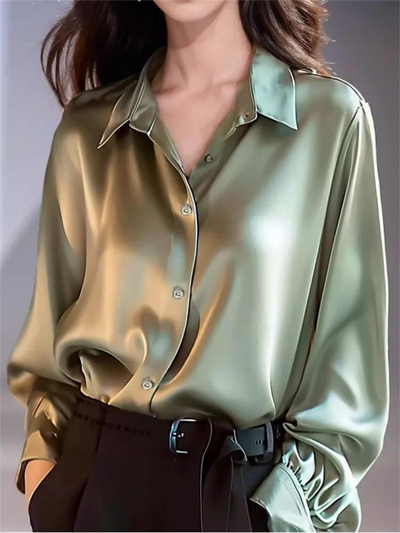 Camicia in raso di acetato verde di alta qualità, tinta unita, con drappeggio, esclusiva, da donna_voghion.com