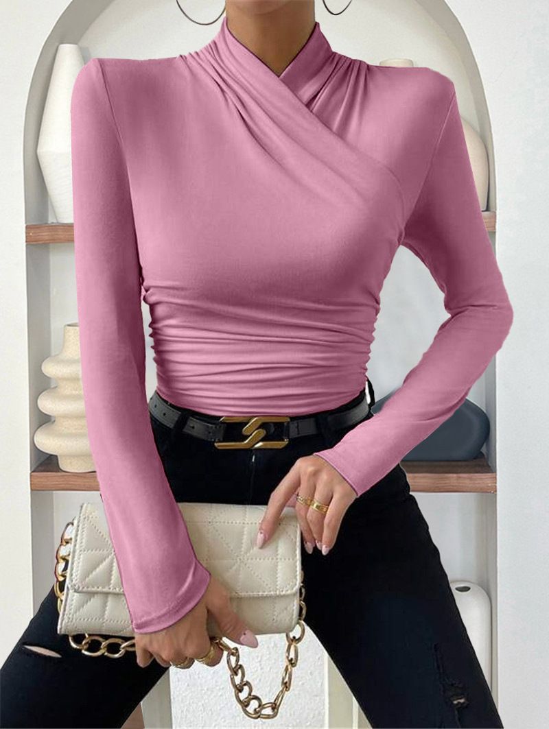 Evropský a americký přeshraniční svetr Podzimní a zimní nový design Sense Cross Colour s dlouhým rukávem Slim All Match Jednobarevné skládané tričko_voghion.com