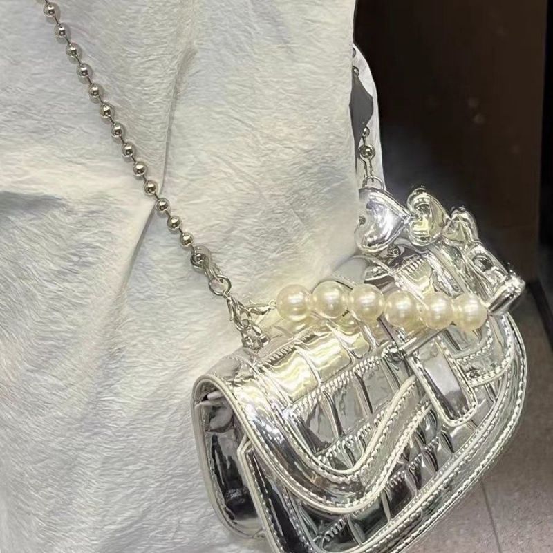 Mini sac à main argenté à bandoulière avec chaîne en perles, texture de niche haut de gamme pour filles, nouveau modèle 2025_voghion.com