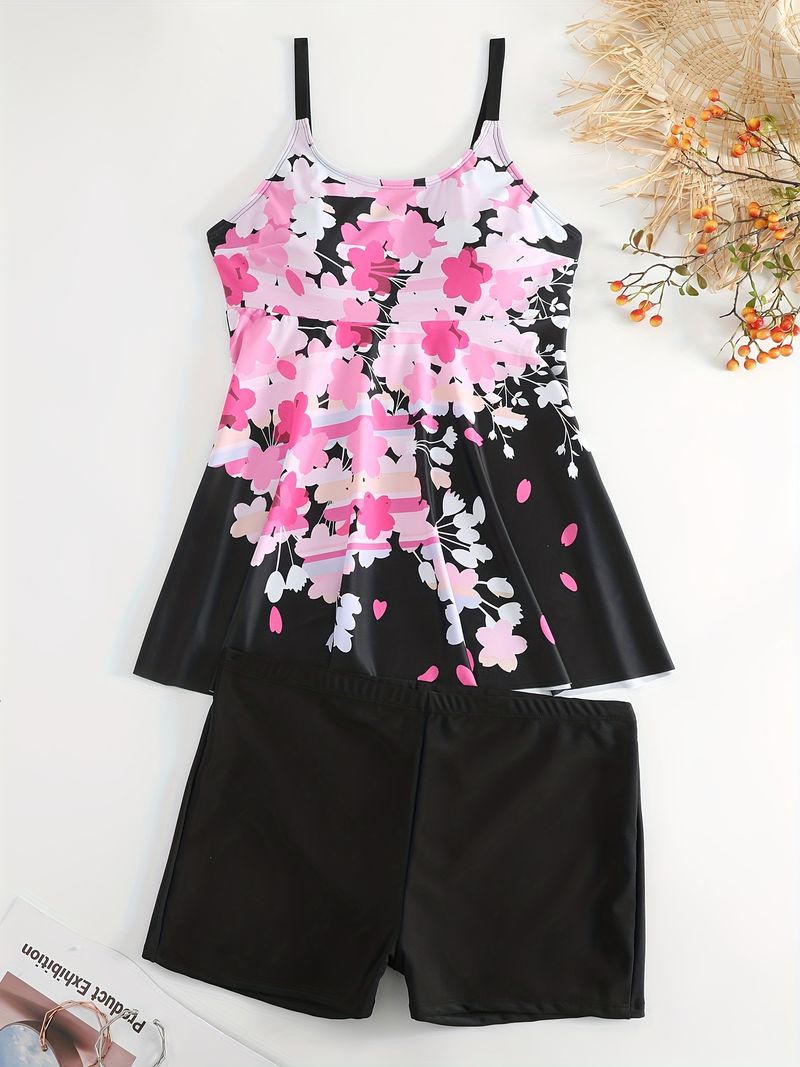 Plus Size Vacay Swimsuit Set, Women's Plus Floral Print Tank Top & Shorts High Stretch Swimsuit 2pcs Set, Women Plus Size Two Piece Set_voghion.com