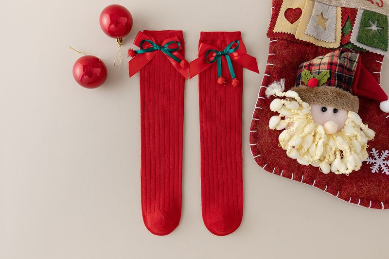 Calcetines para niños Otoño e invierno Calcetines con lazo rojo Calcetines de algodón rojos para niñas Calcetines navideños_voghion.com