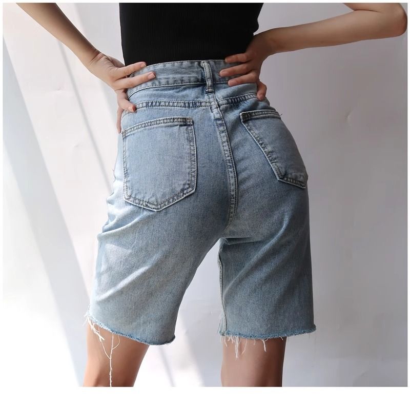 Damenbekleidung Zerrissene Jeans-Shorts Hohe Taille Schwarze lockere mittellange Hose Gerade Fünf-Punkt-Hose_voghion.com