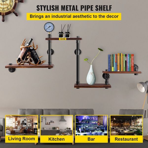 Industrial Pipe Shelving, Pipe Shelves With 4-Tier Wood Planks, Rustic Floating Shelves Wall Mounted, Wall Shelf DIY Bookshelf For Bar Kitchen Bath_voghion.com