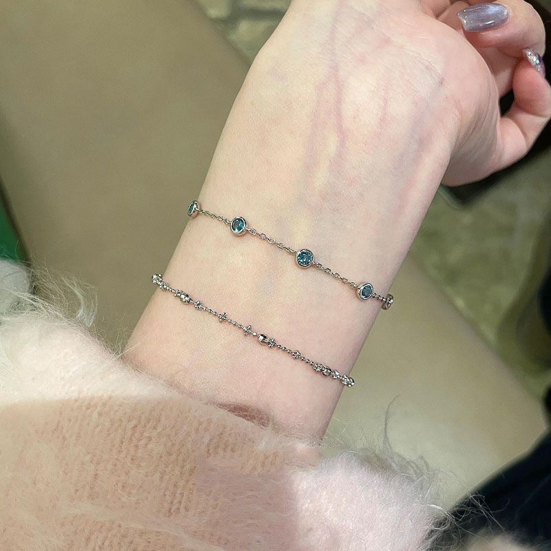 Spring Summer New Layered Silver Simple Chain Blue Bubble Sparkling Diamond Bracelet For Women Light Luxury Niche_voghion.com