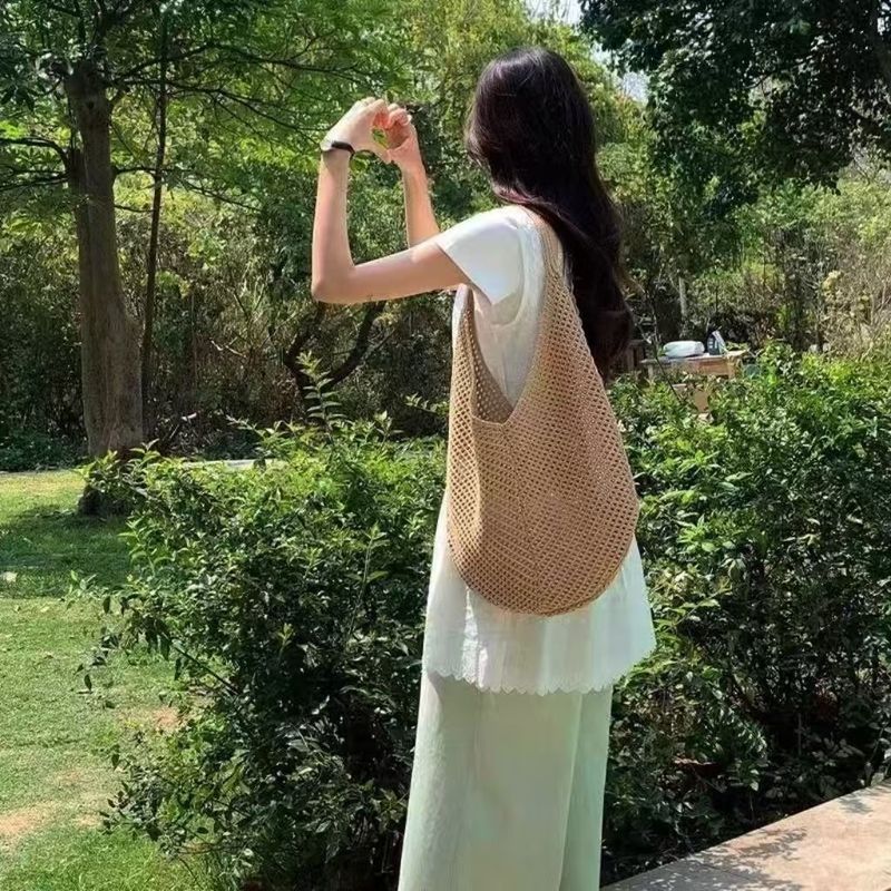 Borsa da donna alla moda, nuova, elegante, a tracolla, in rete, da spiaggia, da viaggio, in paglia intrecciata_voghion.com