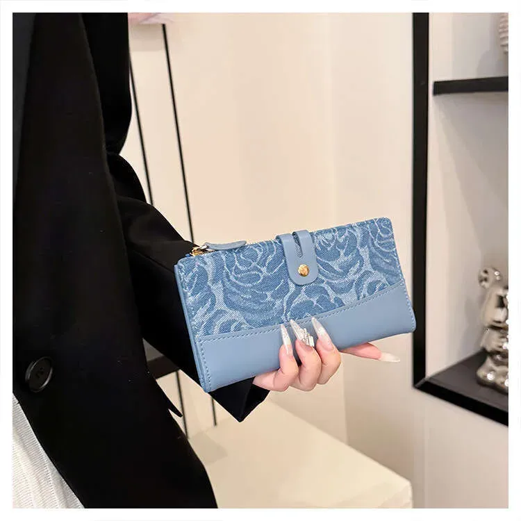 Denim Pattern Wallet Women, Short Style, Korean Version, Multi-Card Slots, Foldable, Long Style For Students, Clutch,_voghion.com