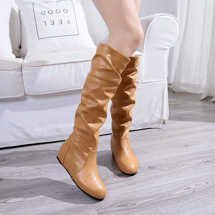 Flache lange Stiefel für Frauen Herbst und Winter Neue interne Erhöhung Pu-Leder runder Kopf Set Fuß Abnehmen weibliche Stiefel_voghion.com