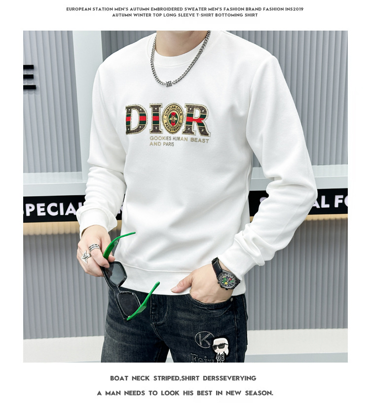 Herenkleding Hot drill reliëf lange mouwen ronde hals heren licht luxe modemerk high-end vrijetijdsbesteding effen kleur hoodie heren_voghion.com