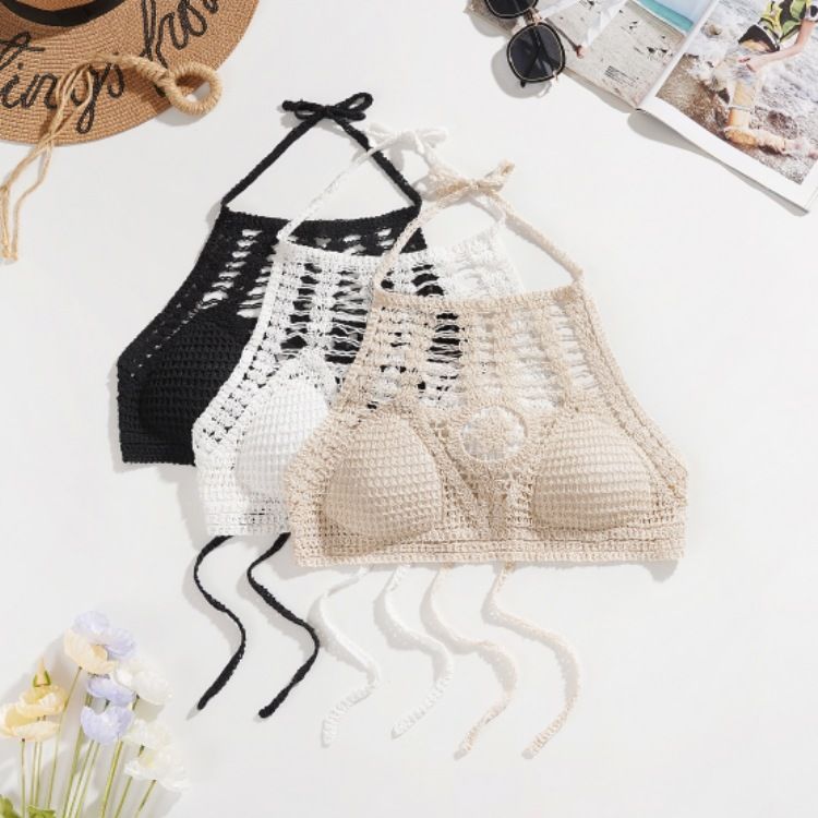 Halter neck small vest camisole women short style inner wear with exposed shoulder straps chest pad top backless hollow tube top embroidered vest_voghion.com
