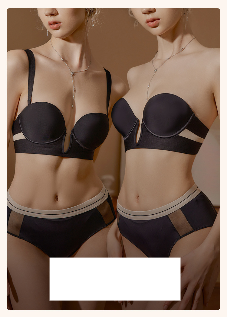 Vêtements pour femmes Nouveaux sous-vêtements sexy pour femmes, sous-vêtements brillants sans couture en V profond, petite poitrine froncée pour montrer la poitrine, grand soutien-gorge sans bretelles_voghion.com