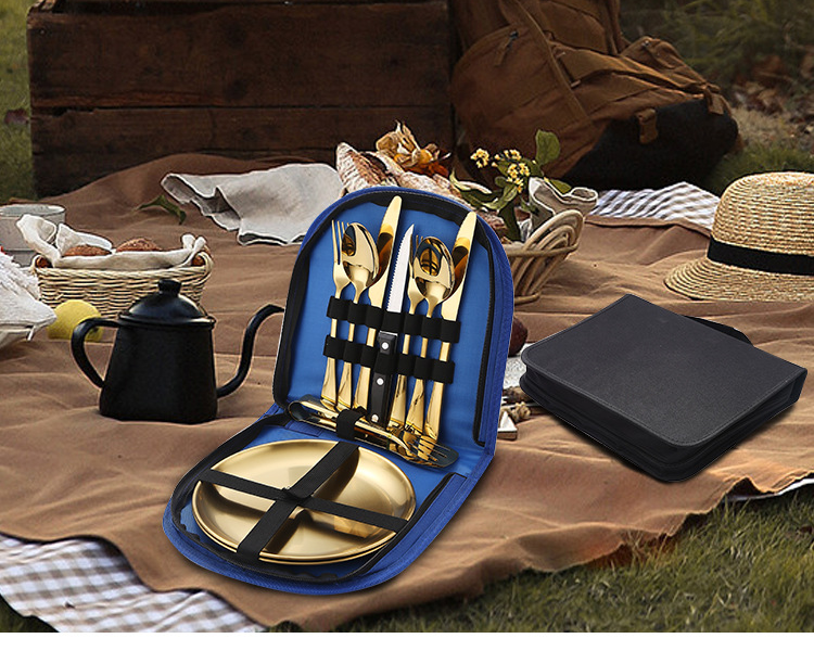 Conjunto de talheres de aço inoxidável para acampamento, viagem, bife, faca, garfo, colher, bolsa de pano, conjunto de talheres_voghion.com