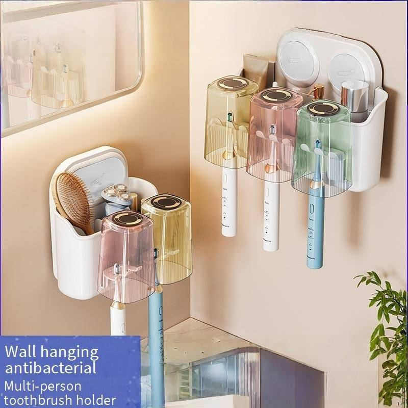 Antibacterial Toothbrush Holder With Suction Cups - Wall Mount For Bathroom (2-In-1 Toothpaste & Cup Organizer) Waterproof & Space-Saving Design_voghion.com