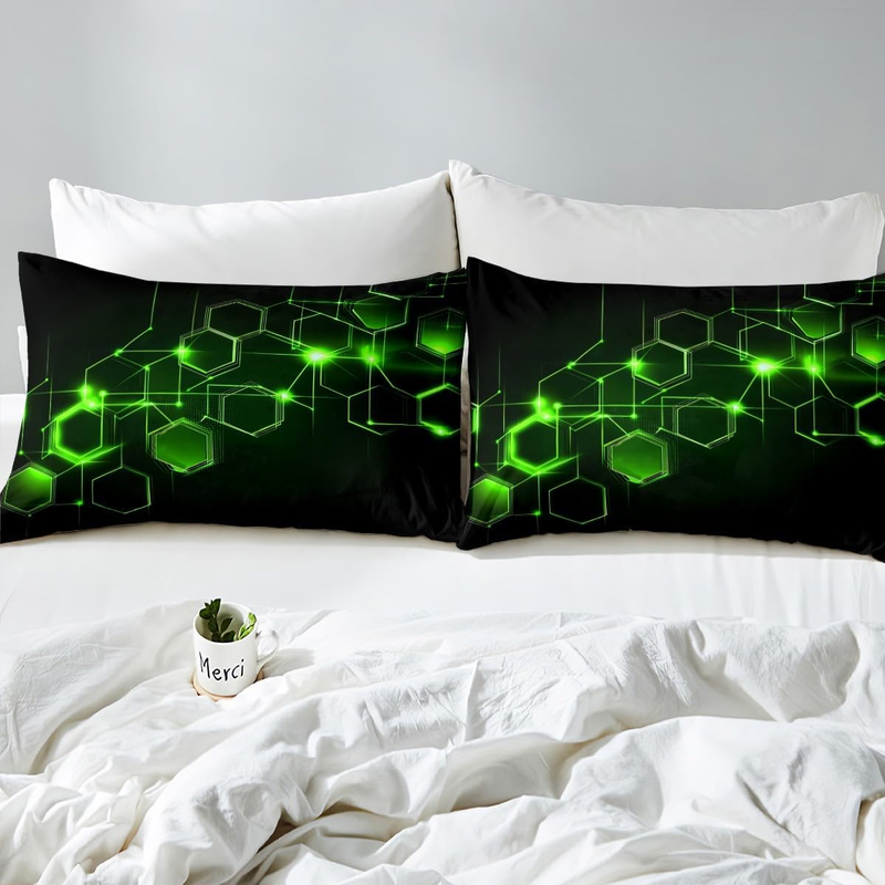 Set copripiumino a nido d'ape matrimoniale per bambini, ragazzi e adolescenti, con motivo esagonale verde, copripiumino geometrico a nido d'ape e 2 federe._voghion.com
