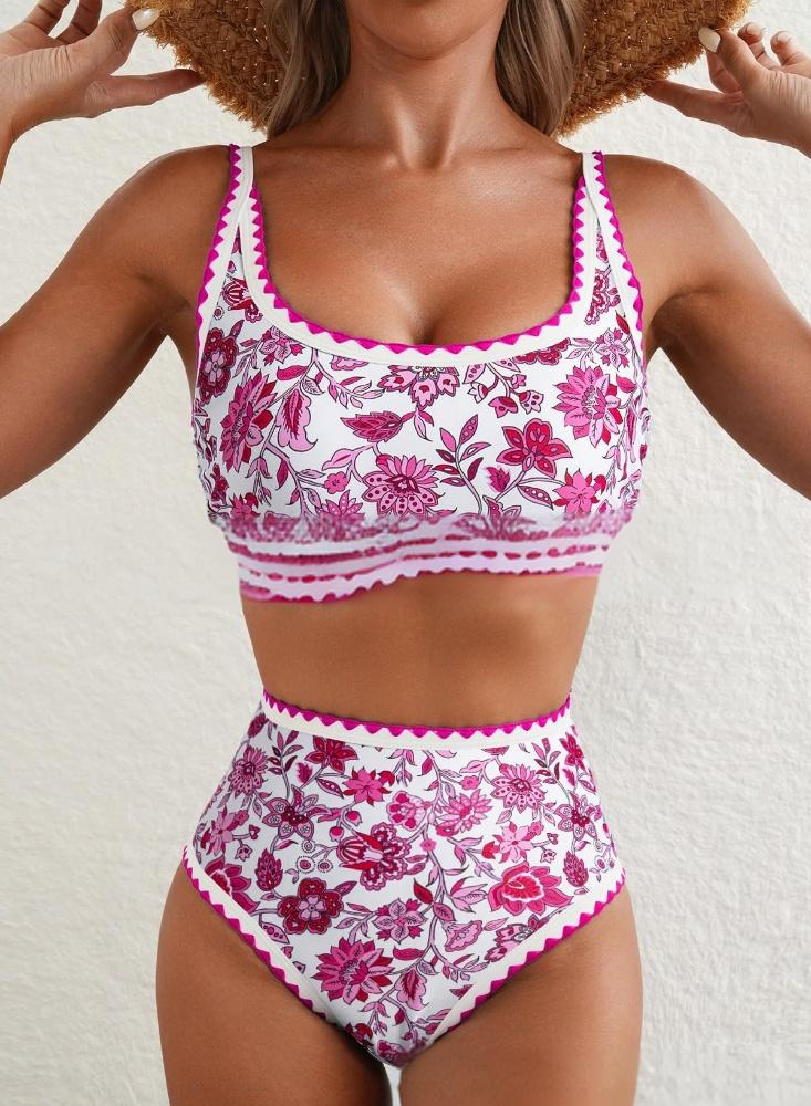 Conjunto de bikini de dos piezas con estampado floral para mujer, cintura alta, cuello redondo bajo_voghion.com