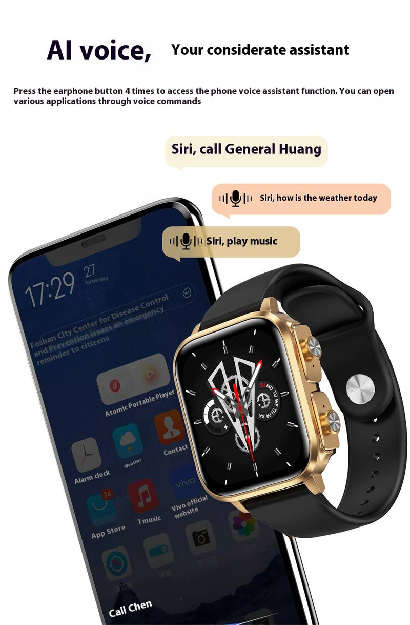 Smartwatch met Bluetooth-oordopjes, fitnesstracker, hartslagmeter, slaapregistratie, muziek en oproepen, IPX5-waterdicht, batterijduur van 7 dagen_voghion.com