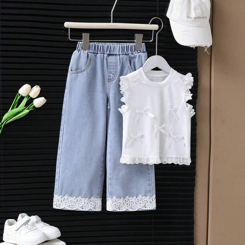 "Completo da 2 pezzi con top con papillon e jeans con pizzo per bambine – 80% cotone, morbido ed elegante, per bambini dai 3 agli 8 anni (100-140 cm)"_voghion.com