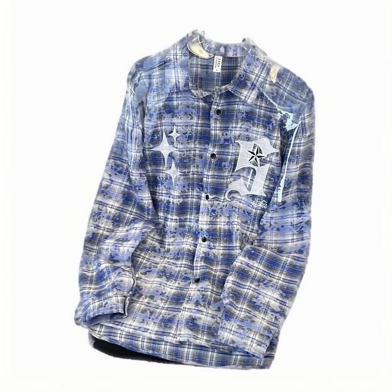 Erkekler İçin Vintage Yıkamalı Büyük Boy Grunge Flanel Desenli Tie-Dye Kareli Gömlek_voghion.com