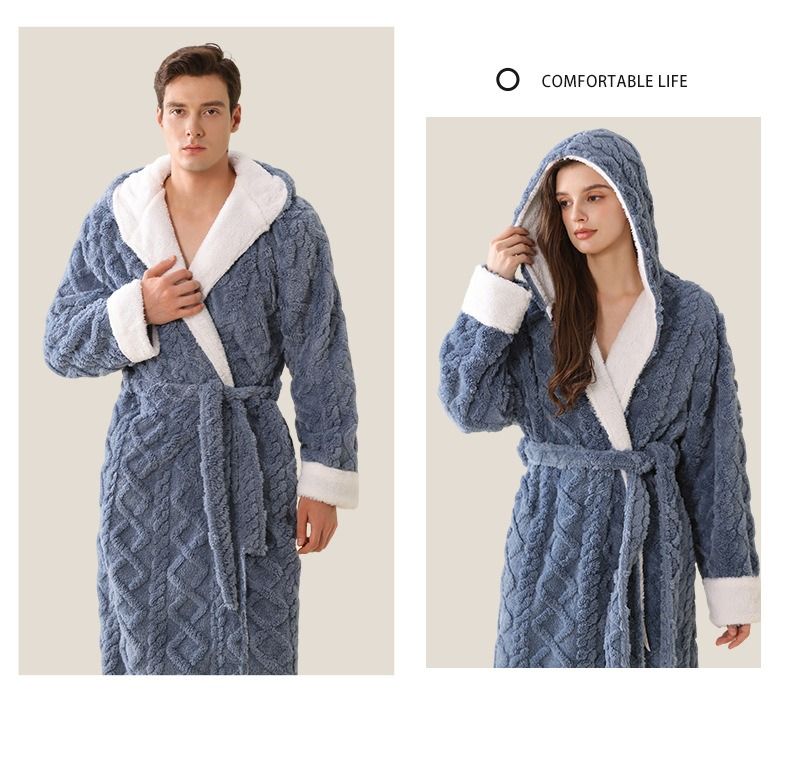 Vollständig verwaltetes, grenzüberschreitendes, erweitertes Jacquard-Flanell-Nachthemd mit Kapuze für Damen, dicker, warmer Pyjama-Bademantel für Paare_voghion.com