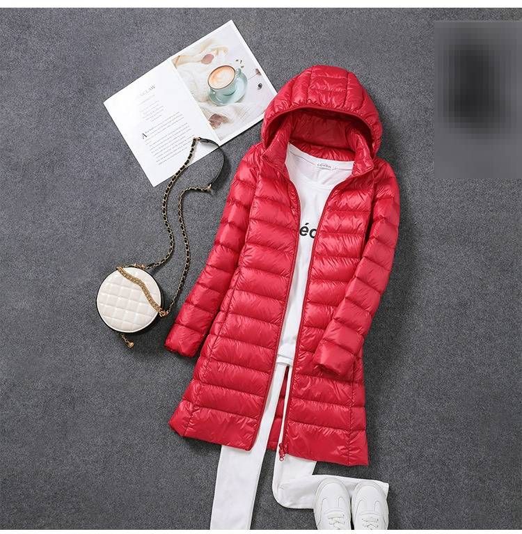 Women's Lightweight Down Jacket - Detachable Hood Mid-Length Coat With White Duck Feather, Slim Fit & Stylish For Everyday Wear_voghion.com