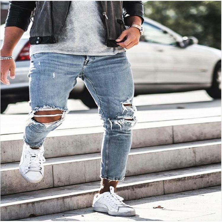Suitable For All Seasons Ripped Jeans Autumn Slim Fit Slimming New Elastic Long Men's Skinny Pants_voghion.com