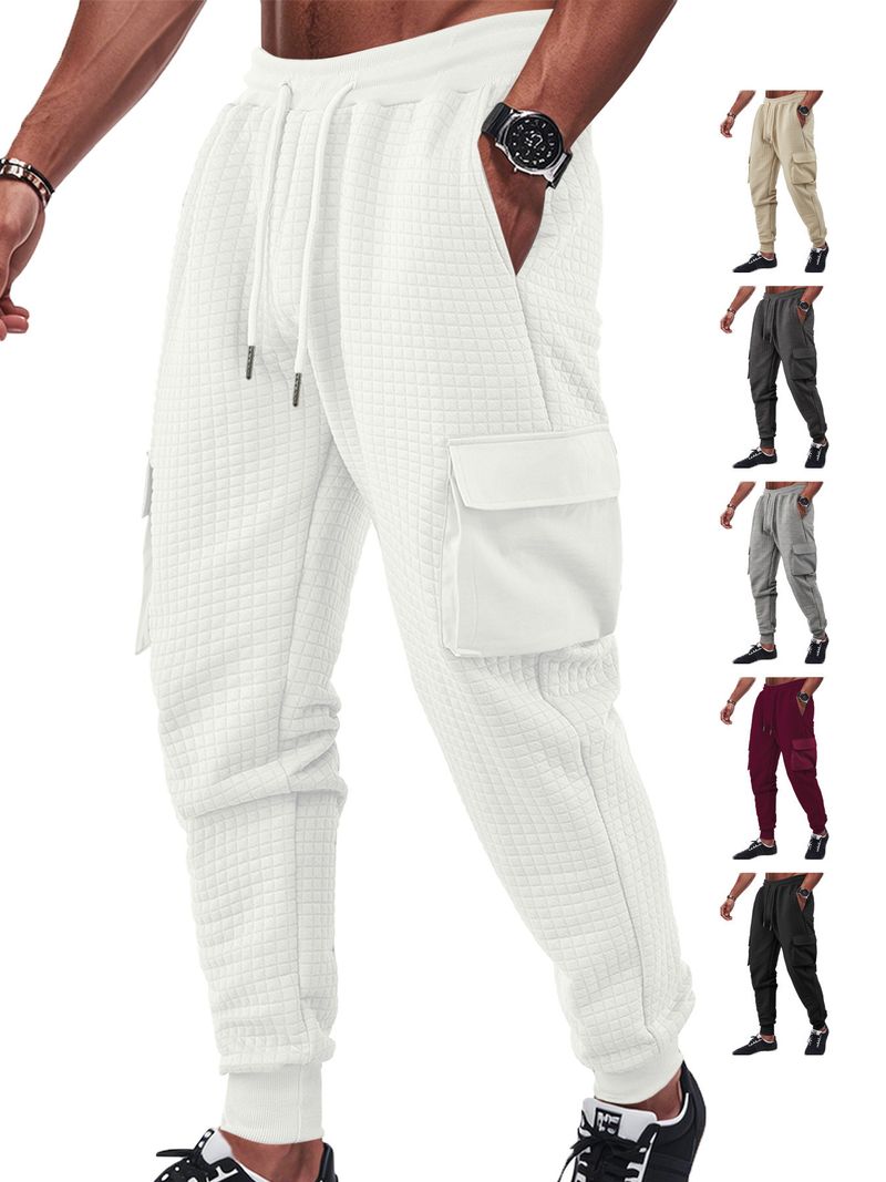 Men's Spring And Autumn New Thickened Multi-Pocket Jacquard Checkered Casual Cargo Pants_voghion.com