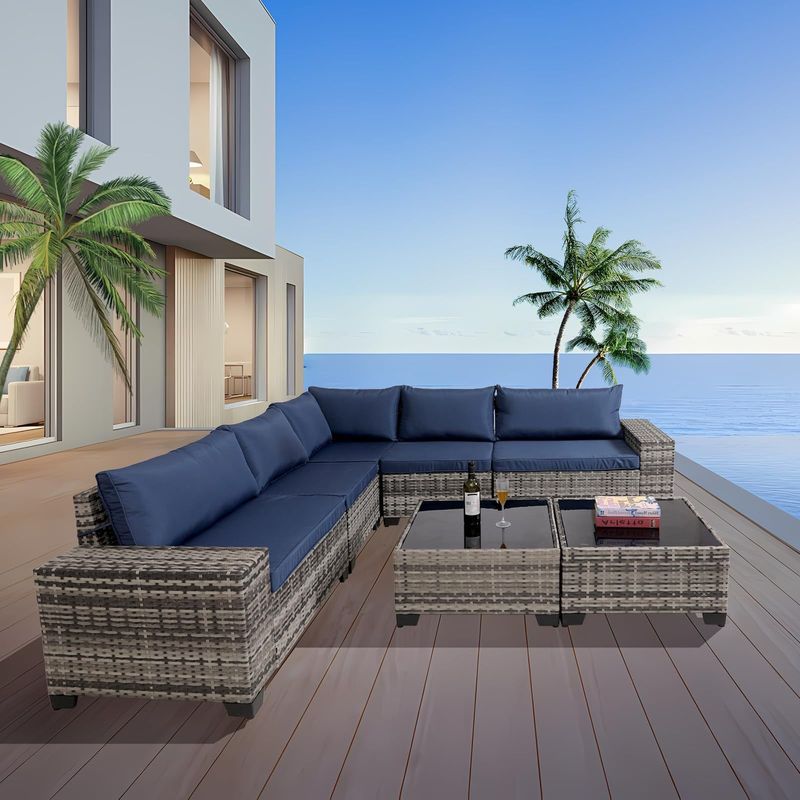 7-Piece Outdoor Patio Furniture Sets, All-Weather Wicker Rattan Sectional Sofa, Modern Two Glass Coffee Table And Washable Seat Cushion(Grey Blue)_voghion.com
