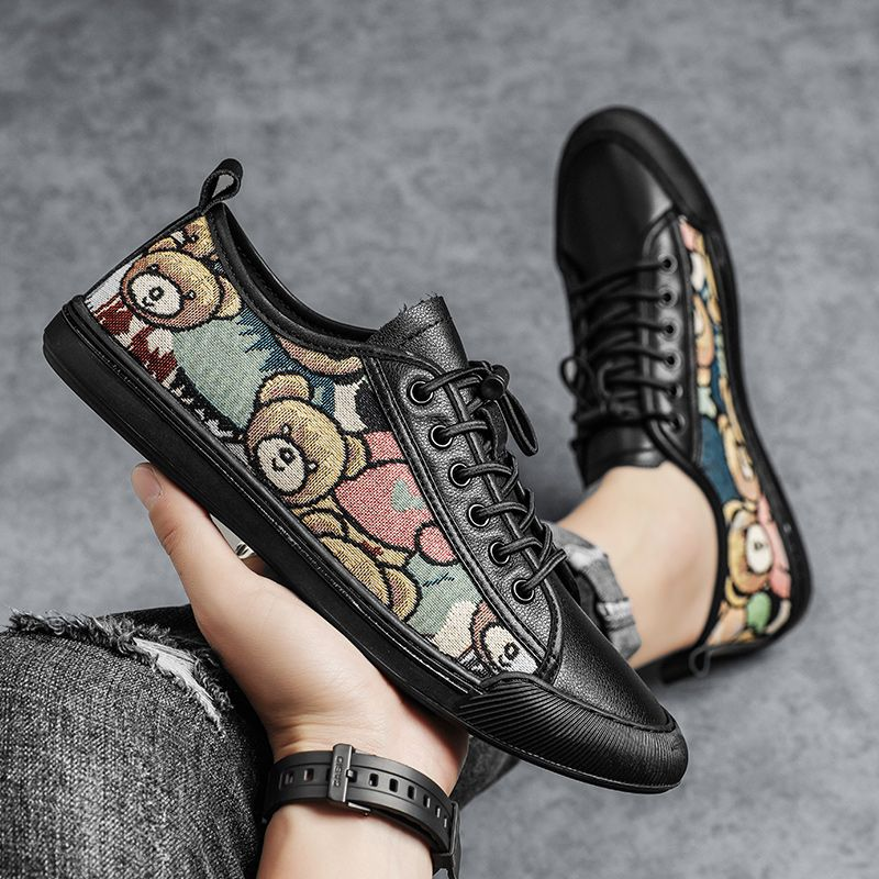 Nova tendência versátil baixo top board estudante sola macia couro genuíno preto sapatos casuais_voghion.com