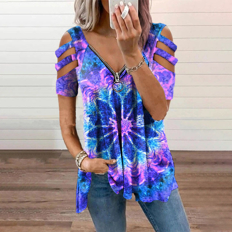 Nuova camicetta estiva da donna con spalle scoperte, stampa leopardata, cerniera, scollo a V, casual, ampia, primaverile, sexy, nuova camicetta da donna_voghion.com