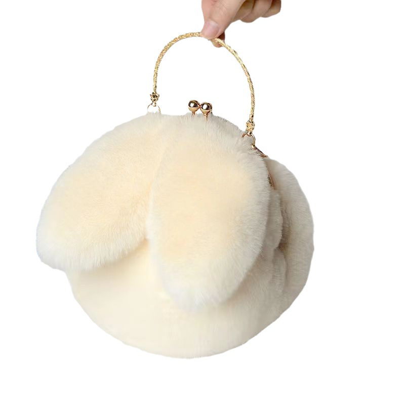 Borsa a tracolla da donna in peluche con tracolla a catena per cellulare, piccola borsa rotonda alla moda con orecchie da coniglio_voghion.com