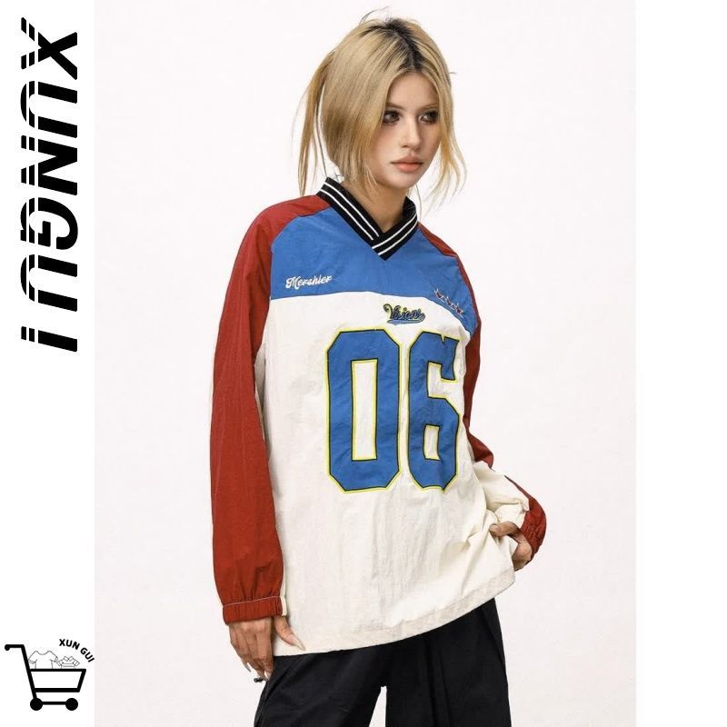 Xungui/Jauns Ķīnas šiks krāsu kontrasts amerikāņu V veida kakla izgriezuma reglāna garām piedurknēm tops korejiešu zīmola modes ikdienas vīriešu un_voghion.com