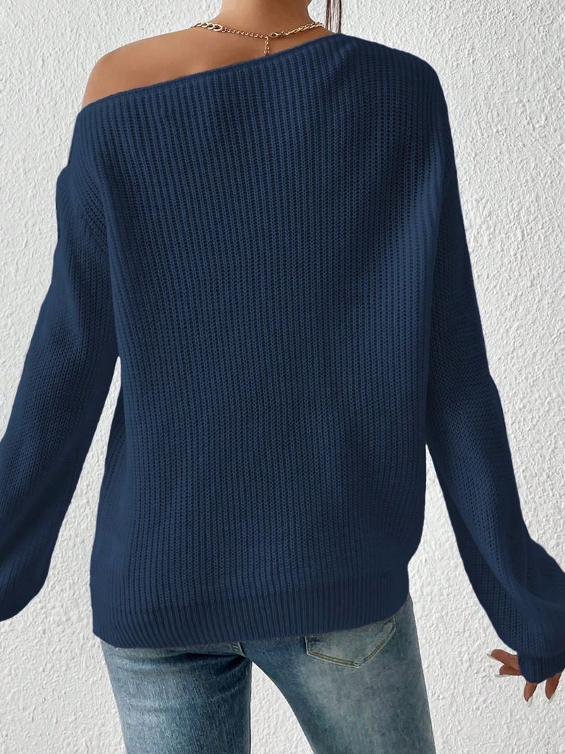 Off-shoulder gebreide trui voor dames, casual pullover, lange mouwen, ronde hals, losse pasvorm, effen kleur, herfst/wintermodetop_voghion.com
