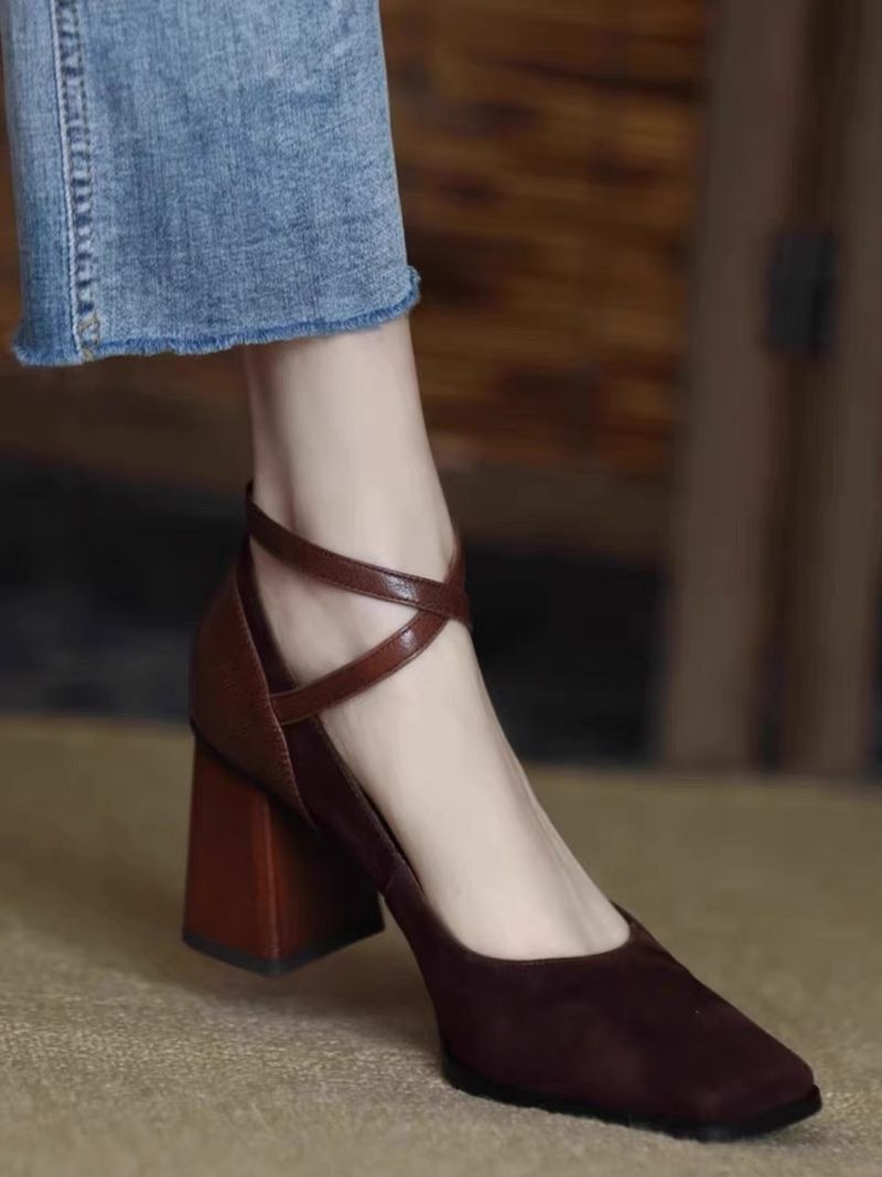 Mary Jane Matte Leather Retro Cross Strap High Heels_voghion.com