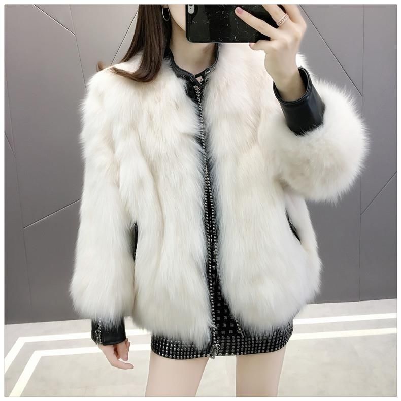 Giacca in pelliccia sintetica da donna – Cappotto corto in stile motociclista con collo in pelliccia di volpe (bianco/cachi chiaro/blu lago/grigio beige, S/M/L)_voghion.com