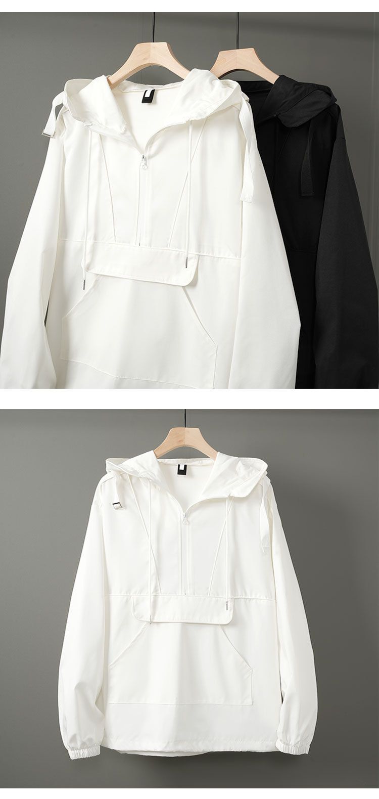 Giacca a vento oversize con cappuccio e cerniera – Giacca streetwear impermeabile con cuciture a contrasto (nero/bianco)_voghion.com