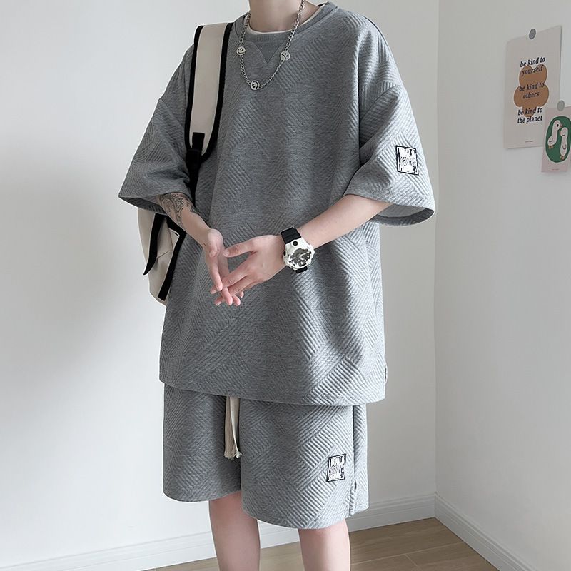 Men's Sports Suit High-End Waffle Texture T-Shirt Shorts Two-Piece Loose Casual Fashion Summer Outfit Trend_voghion.com