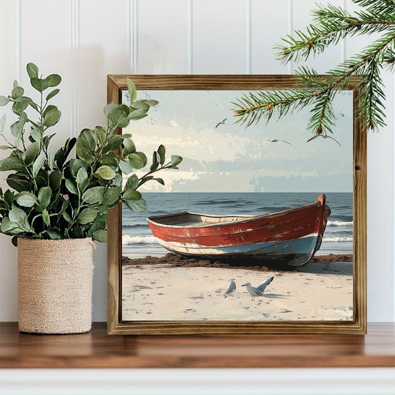 Placa de madeira costeira vintage "8x8" - Cena de praia com barco e gaivota. Decoração rústica de verão para quarto ou escritório. Presente de Natal perfeito._voghion.com
