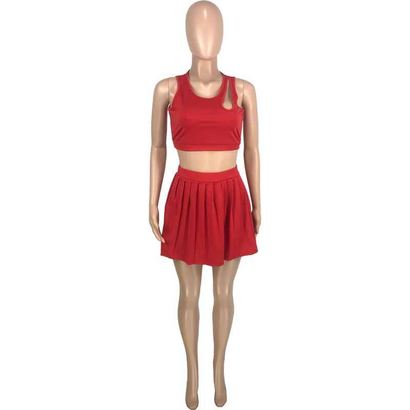 Ensemble deux pièces pour femmes, mode décontractée, sexy, couleur unie, taille nue, creux, pliable, gilet ample, jupe_voghion.com