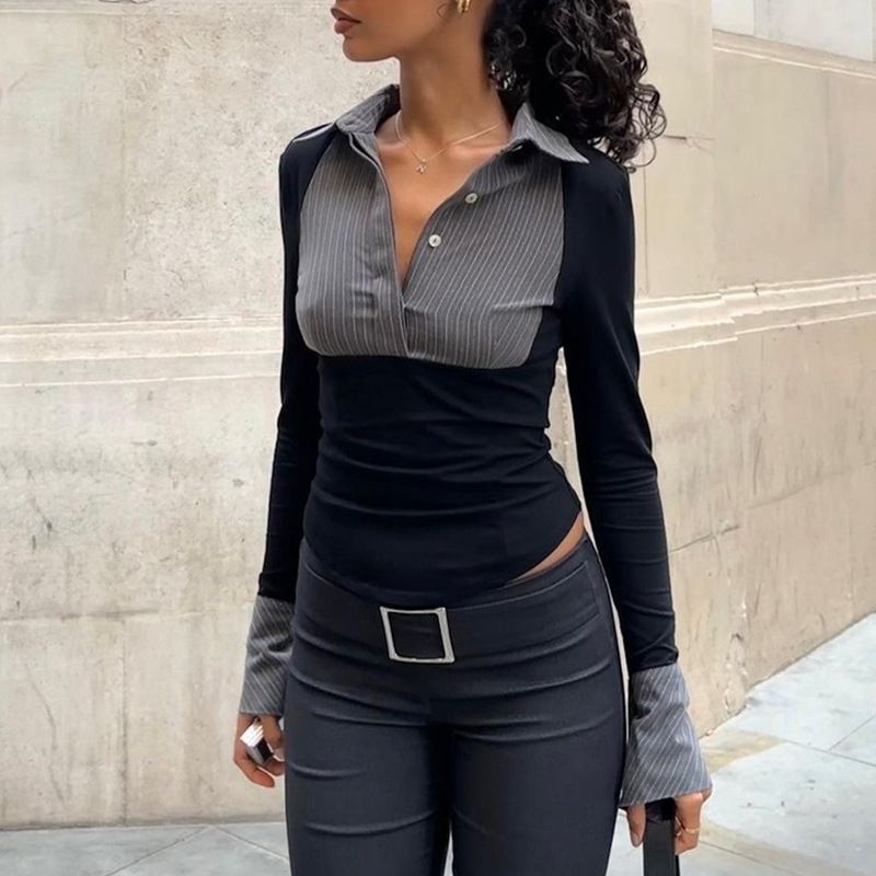 Women's Fashion Color Block Striped Polo Collar Long Sleeve Top – Retro Chic Slim Fit Blouse For Stylish Outfits_voghion.com