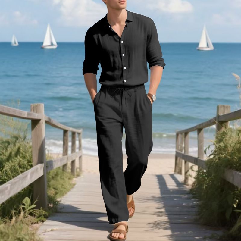 Completo camicia da uomo casual in lino con maniche lunghe, stile americano, sottile, autunno-inverno_voghion.com