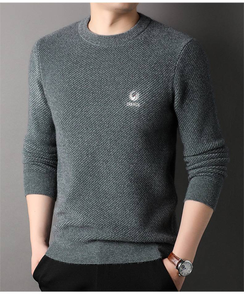 Autumn and winter men's sweater new round neck thickened youth embroidered long-sleeved Japanese casual warm base layer _voghion.com