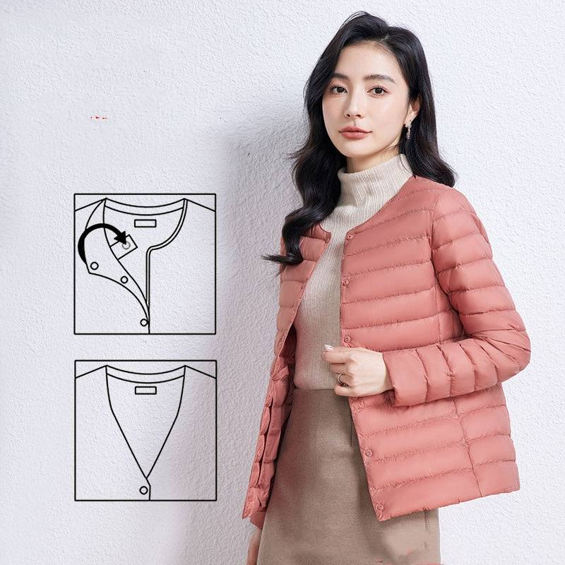 Damenbekleidung dünne Wintermäntel Jacke kurzer Rundhals V-Ausschnitt Langarmfutter einfarbig große Größe einfache Jacke_voghion.com
