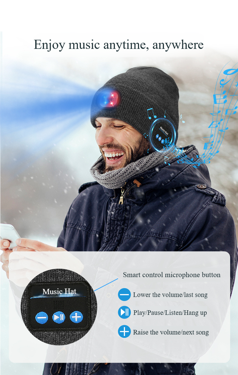 Czapka unisex z funkcją bezprzewodowej muzyki i ładowania Bluetooth LED, świecąca_voghion.com