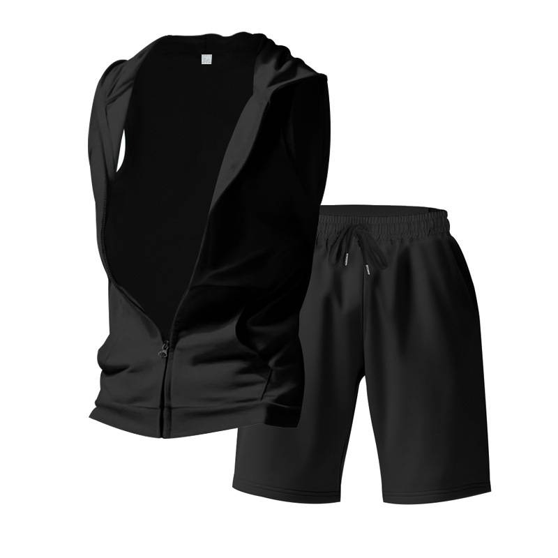 Summer New Zipper Hooded Relaxed Breathable Sports Fiess Casual Vest Shorts Men's Suit_voghion.com